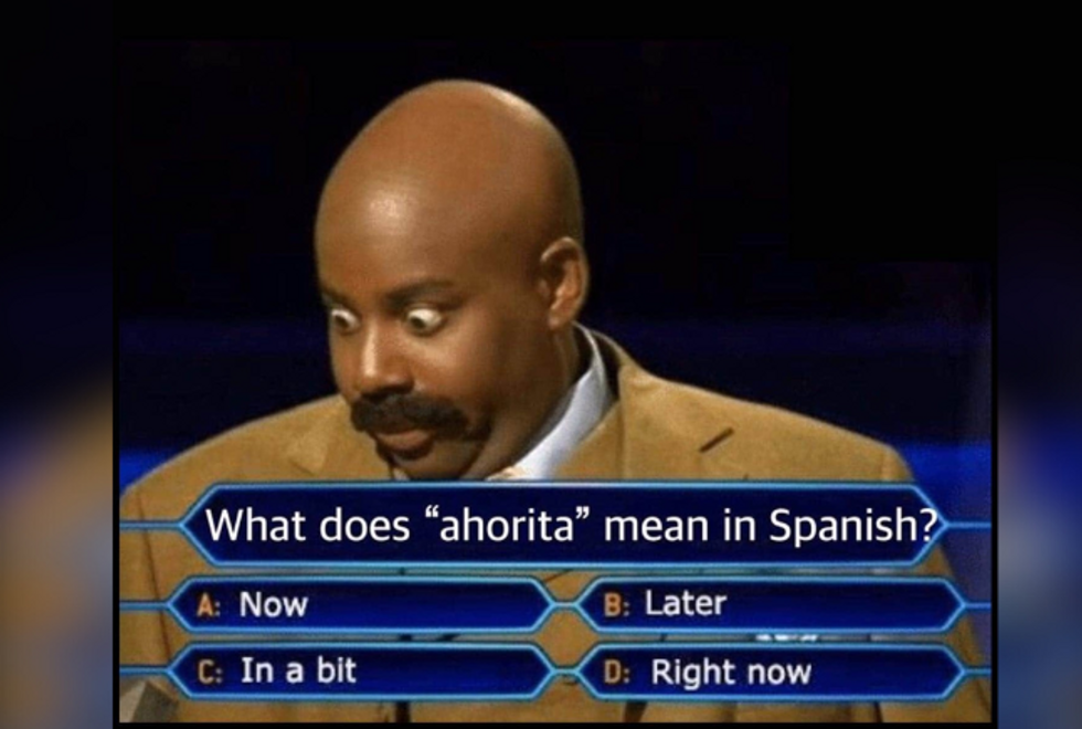 meme that asks what does ahorita mean in spanish: now, later, in a bit or right now