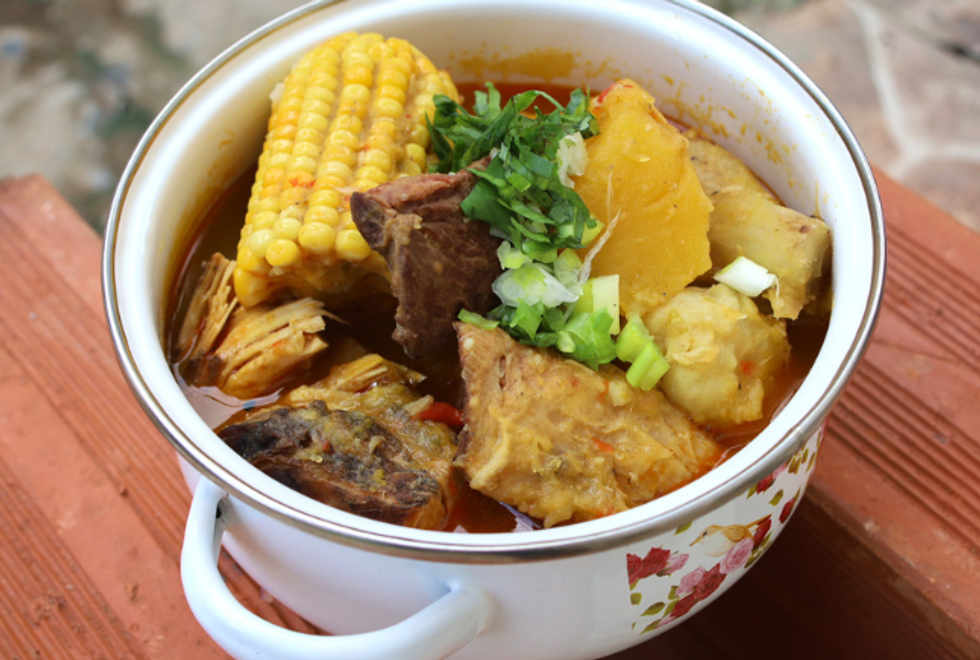 Pot of hearty sancocho stew.
