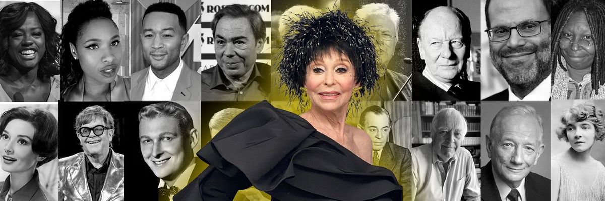 graphic design showcasing Rita Moreno in full color, set against a background of ther EGOT winners in black and white portraits.
