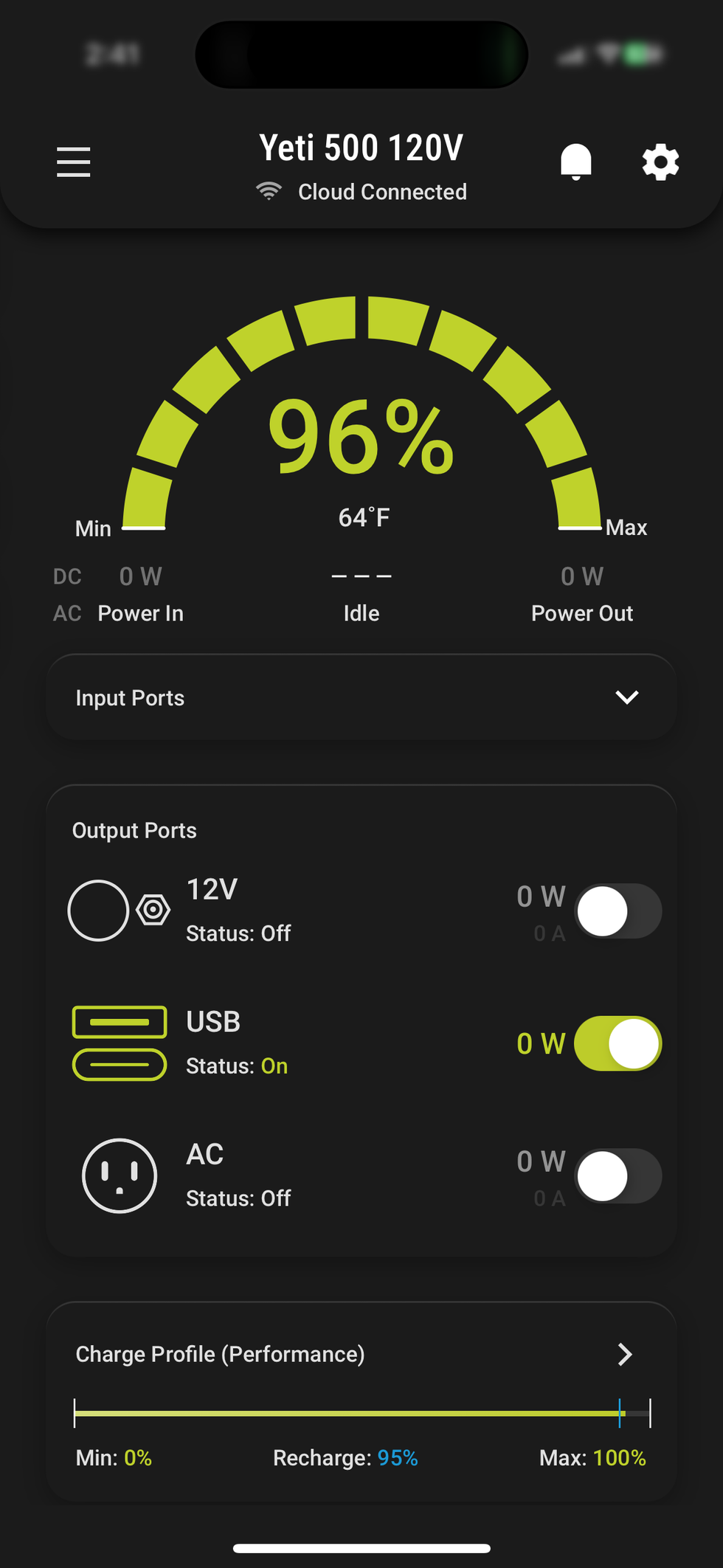 a screenshot of Goal Zero app showing USB port in use