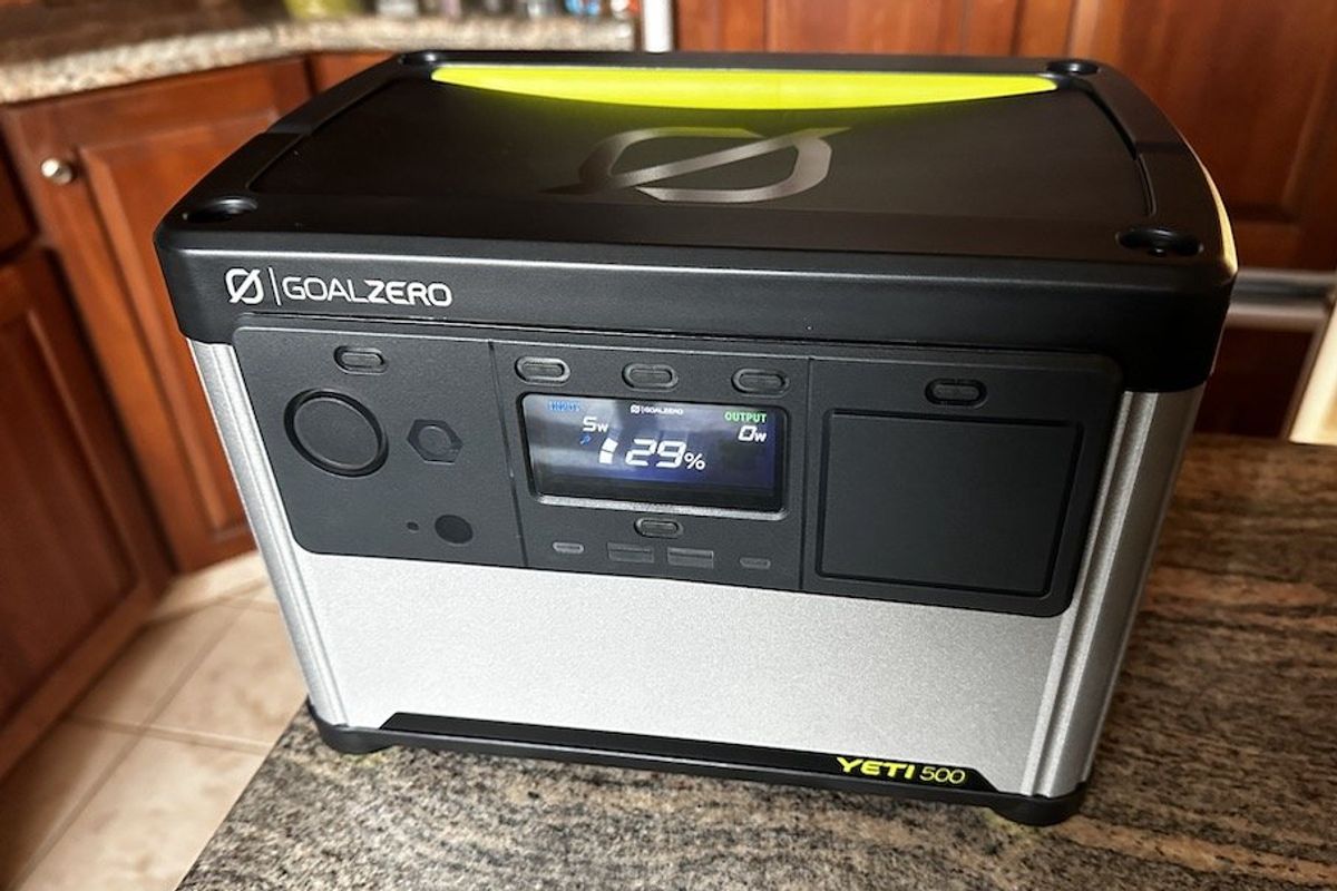 a photo of Goal Zero Yeti 500 Portable Power Station on a countertop charging