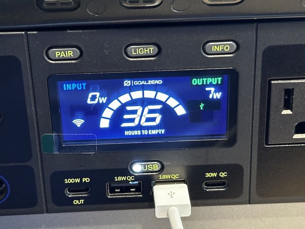 photo of Goal Zero Yeti 500 display monitoring the output to charge up a iPhone 14 Pro