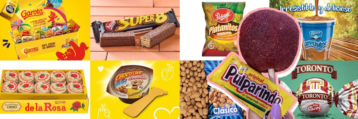 Graphic design showcasing a colorful and varied assortment of popular Latino snacks