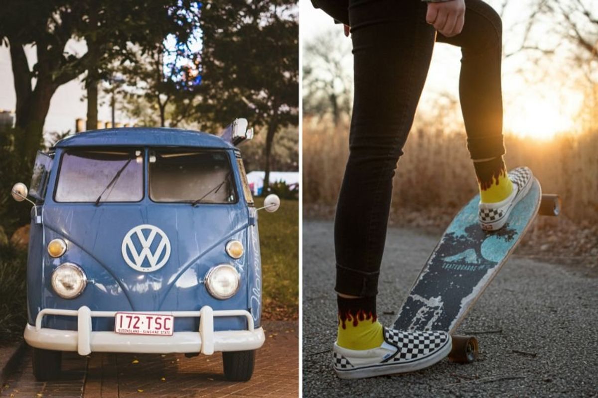 Volkswagon bus from the '70s, skater from the '90s wearing checkered Vans