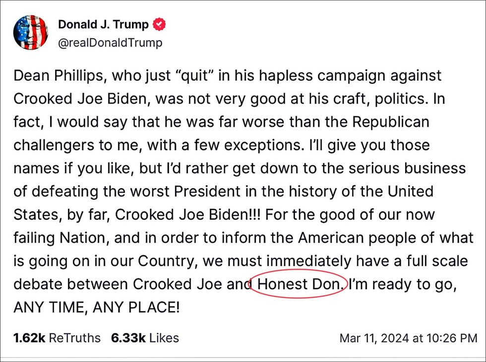 Screenshot of Donald Trump's post on Truth Social