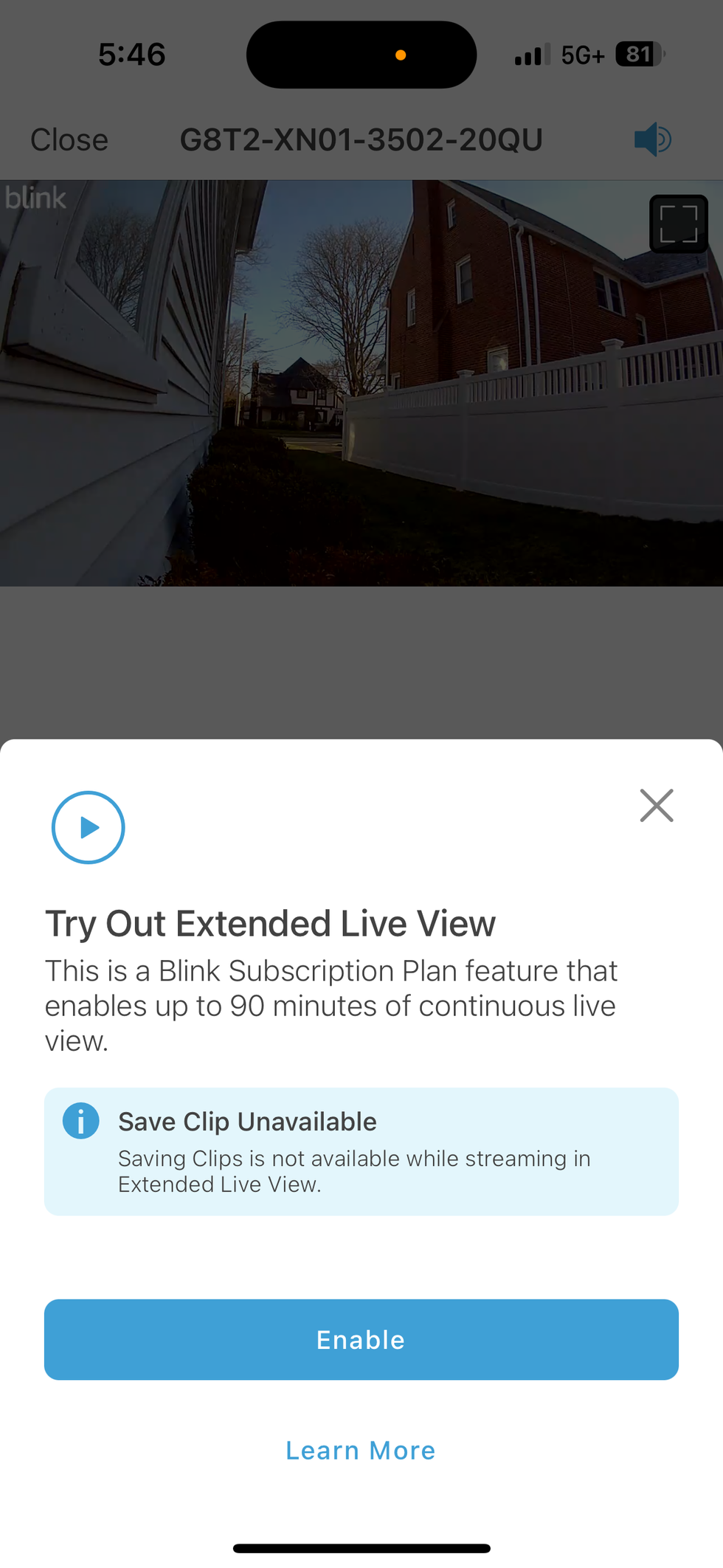 a screenshot of Blink subscription plan with extended view in app