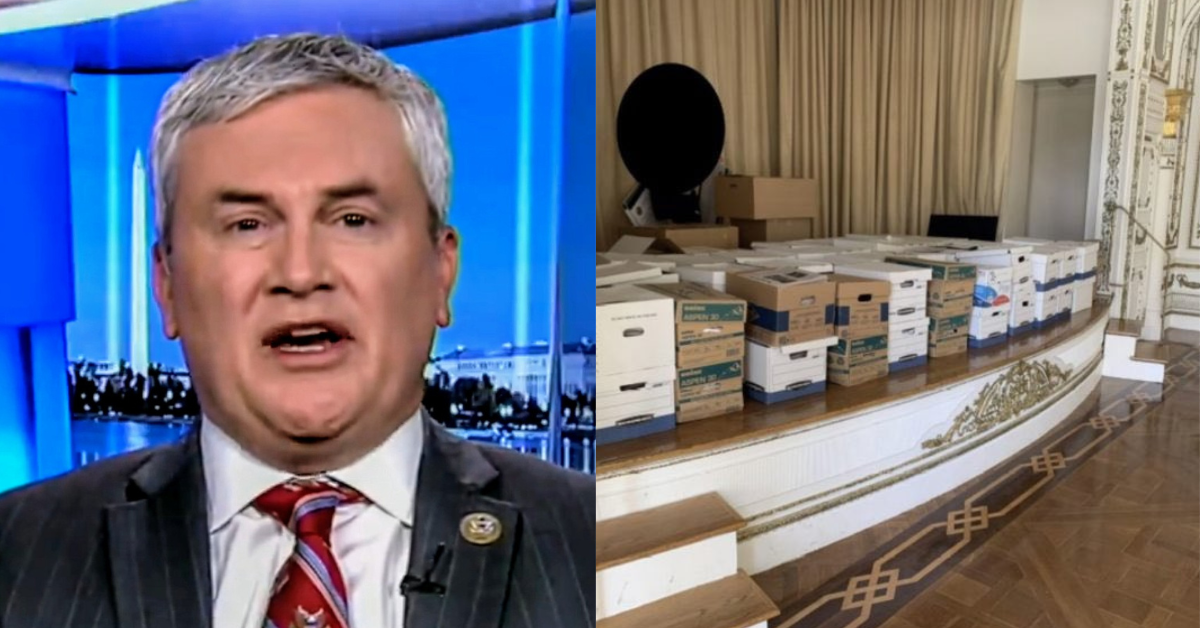 James Comer; government documents piled on a stage in a Mar-a-Lago ballroom