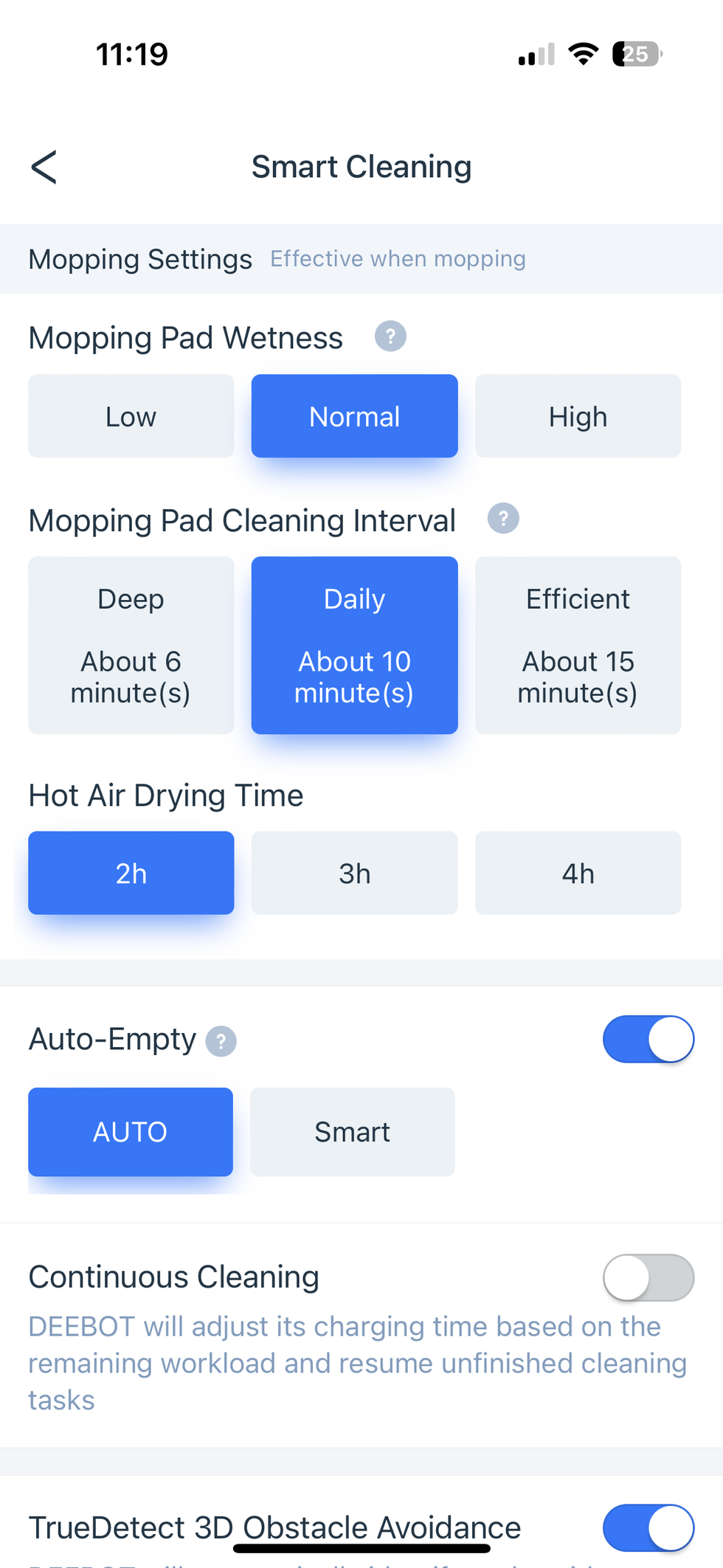 Set the smart cleaning settings in the Ecovacs app
