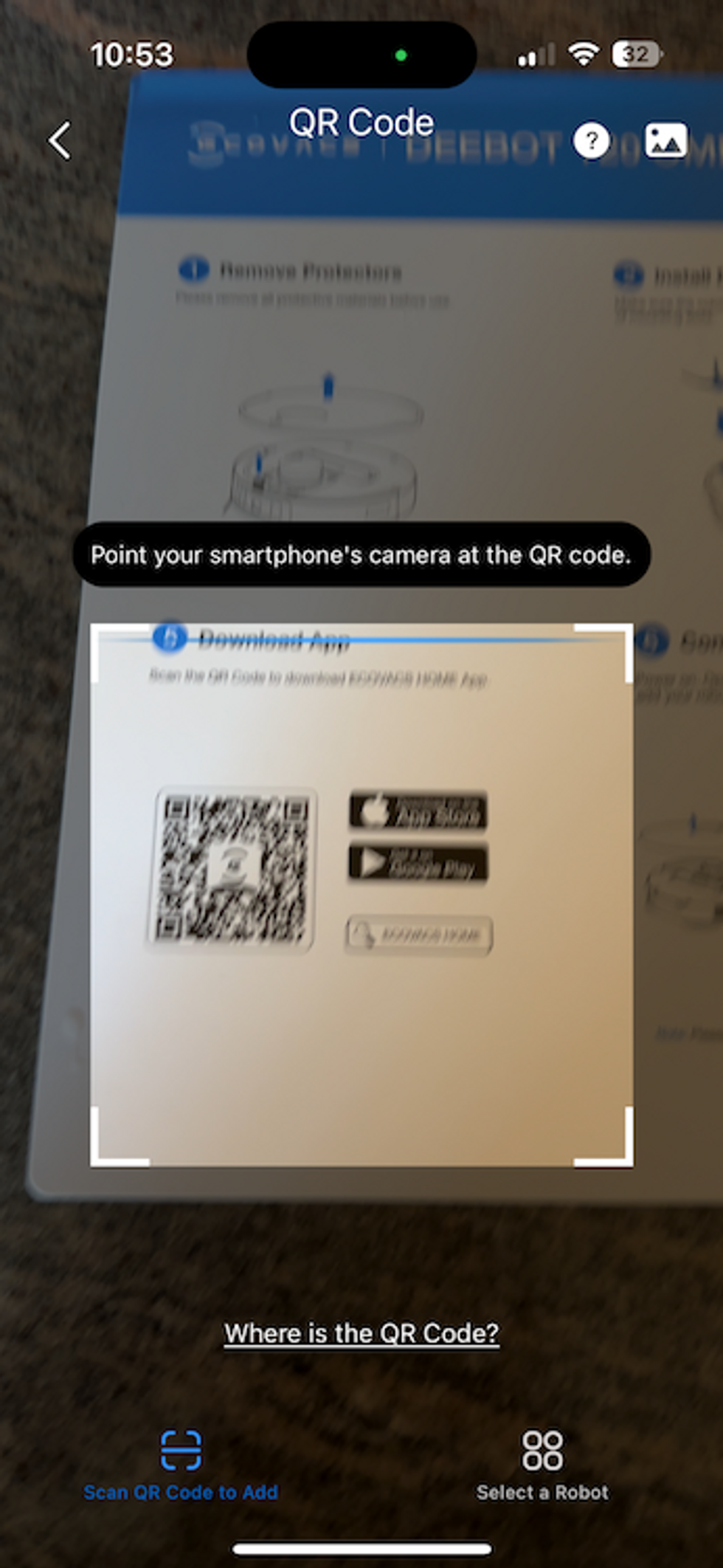 a screenshot of scanning the QR code to download the Ecovcas app for the T20