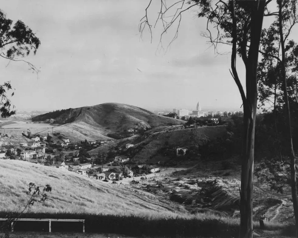 Panoramic view of the community of Chavez Ravine, circa 1952. 