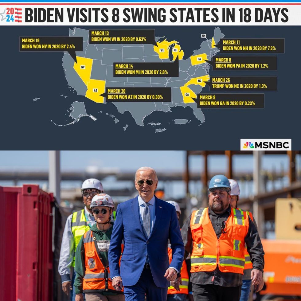 Biden-Harris campaign image of Joe Biden's campaign schedule and of Biden meeting with construction workers