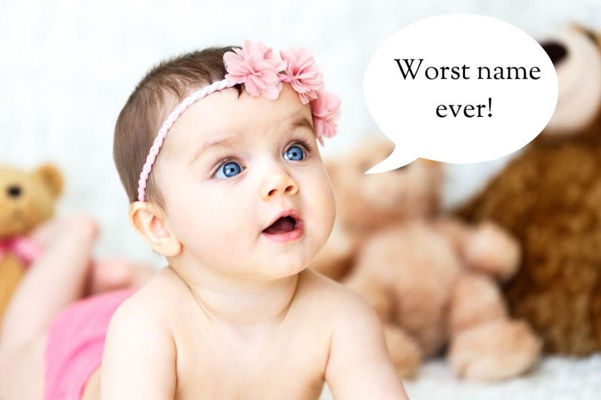baby girl with pink flower headband next to speech bubble that says, 'Worst name ever!"