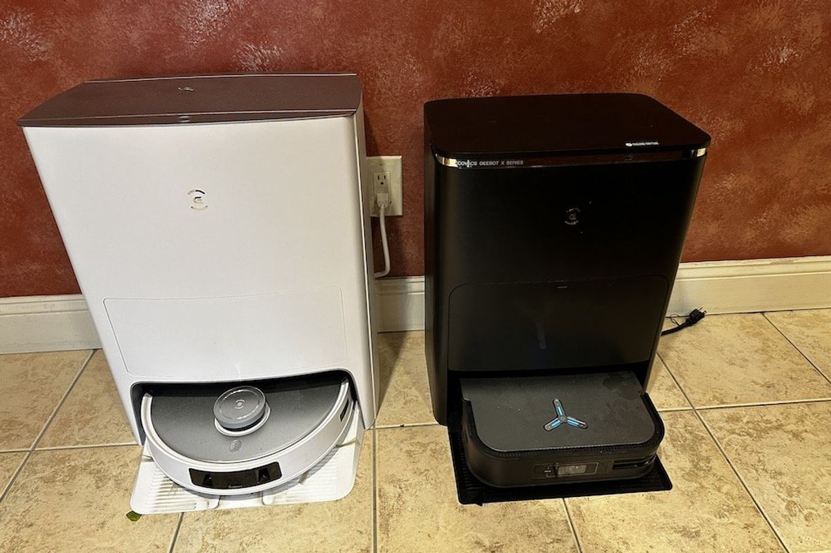 a photo of Ecovacs DEEBOT T20 and X2 Omni Robot Vacuum and Mops next to each other.