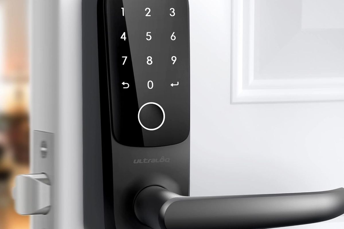 a photo of ULTRALOQ Latch 5 World's First Built-in WiFi Smart Lock with Fingerprint on a door which is open.