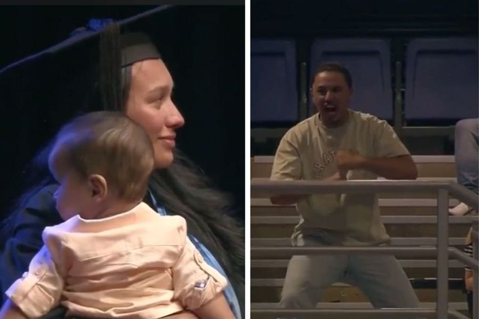 Man surprises partner by performing haka alone as she walks across the stage at graduation