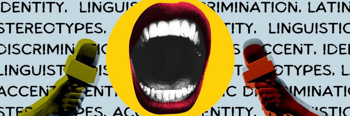 Graphic design in collage style that shows a female mouth speaking into microphones on a background with the words: linguistic discrimination, stereotypes, accent, identity