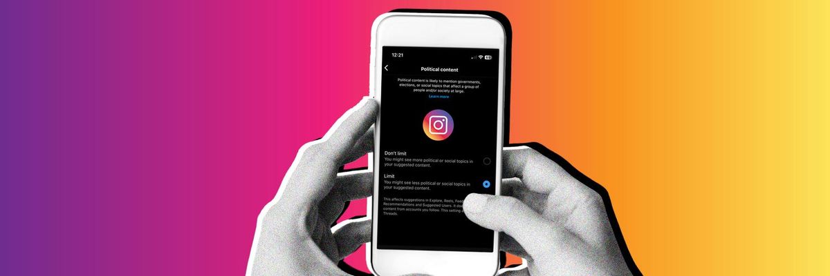 Graphic design showing the Instagram interface and its new automation of limiting political content