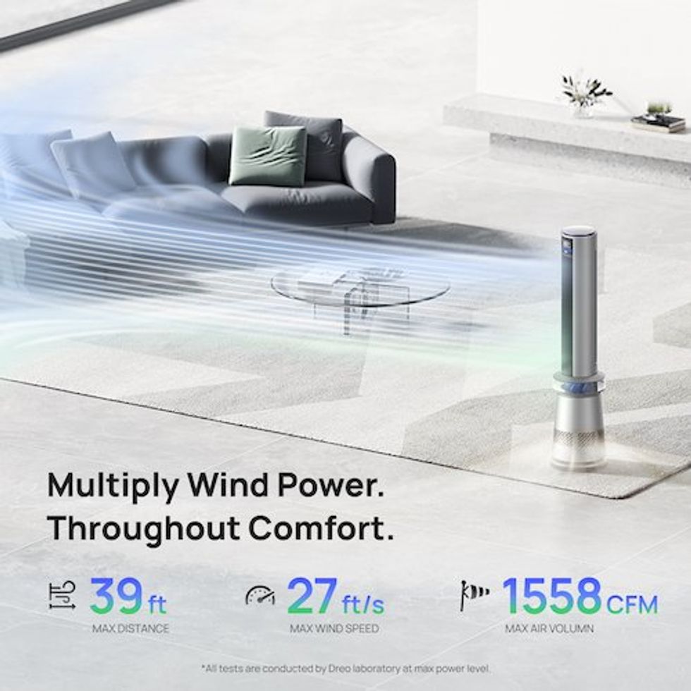 an illustration showing the wind power generated from the Dreo Air Purifier Tower Fan