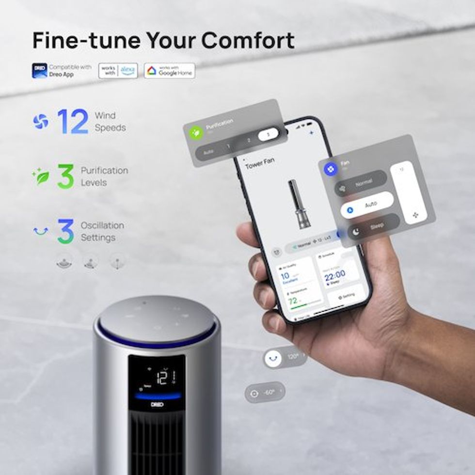 an photo of a smartphone showing Dreo app controlling Dreo Air Purifier Tower Fan