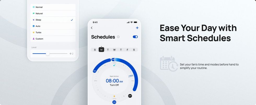 an illustration showing how to Set Schedules in Dreo App for MX710S Purifier Tower Fan