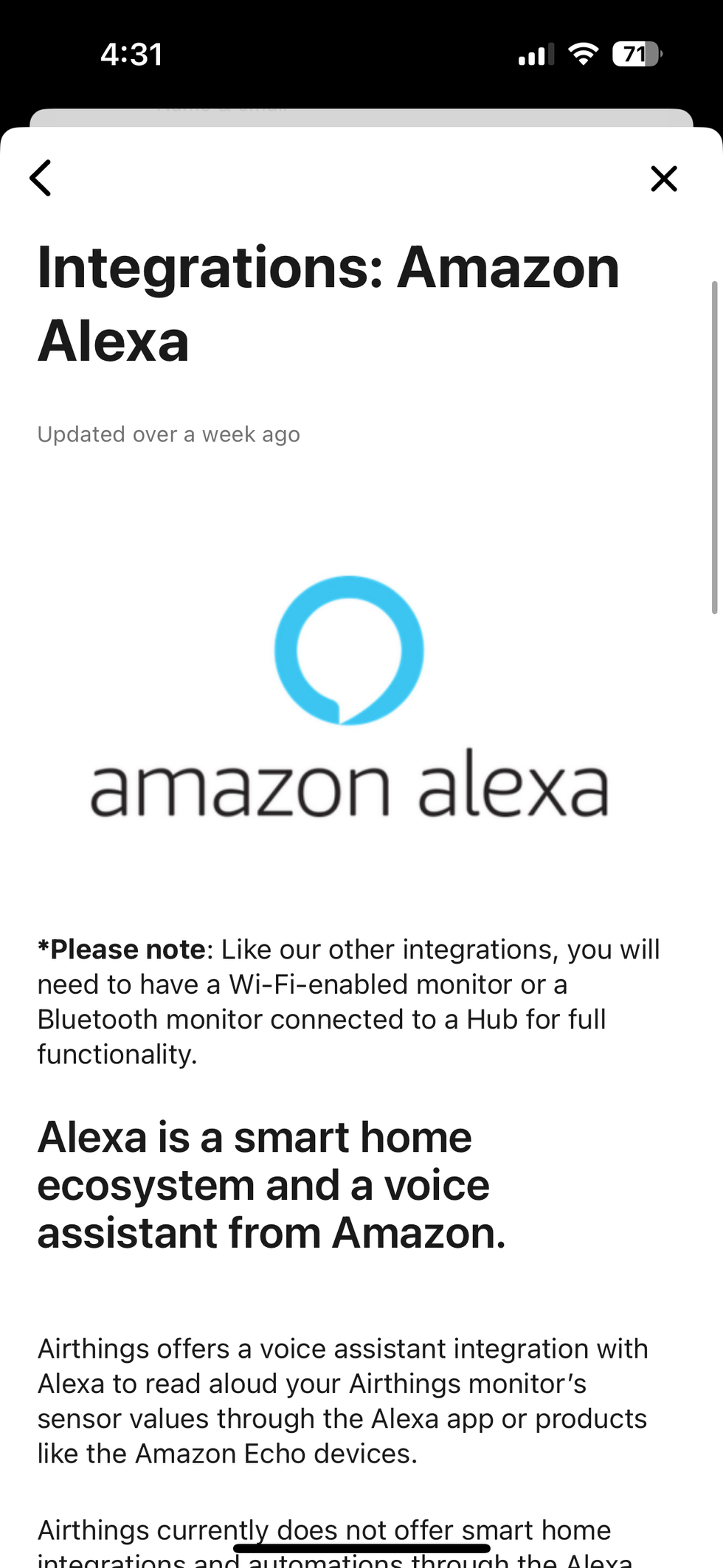 a screenshot of the Alexa App explaining how to add the Airthings Alexa Skill