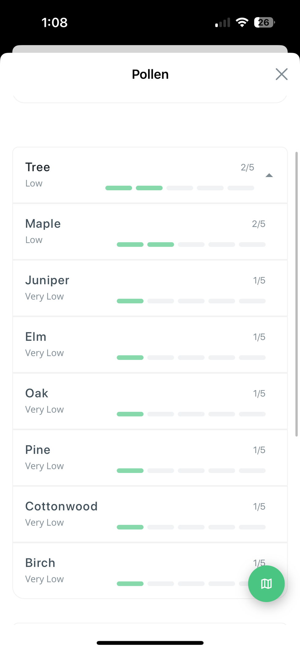 A screenshot of the Pollen readings from Airthings Renew Air Purifier in the Airthings app