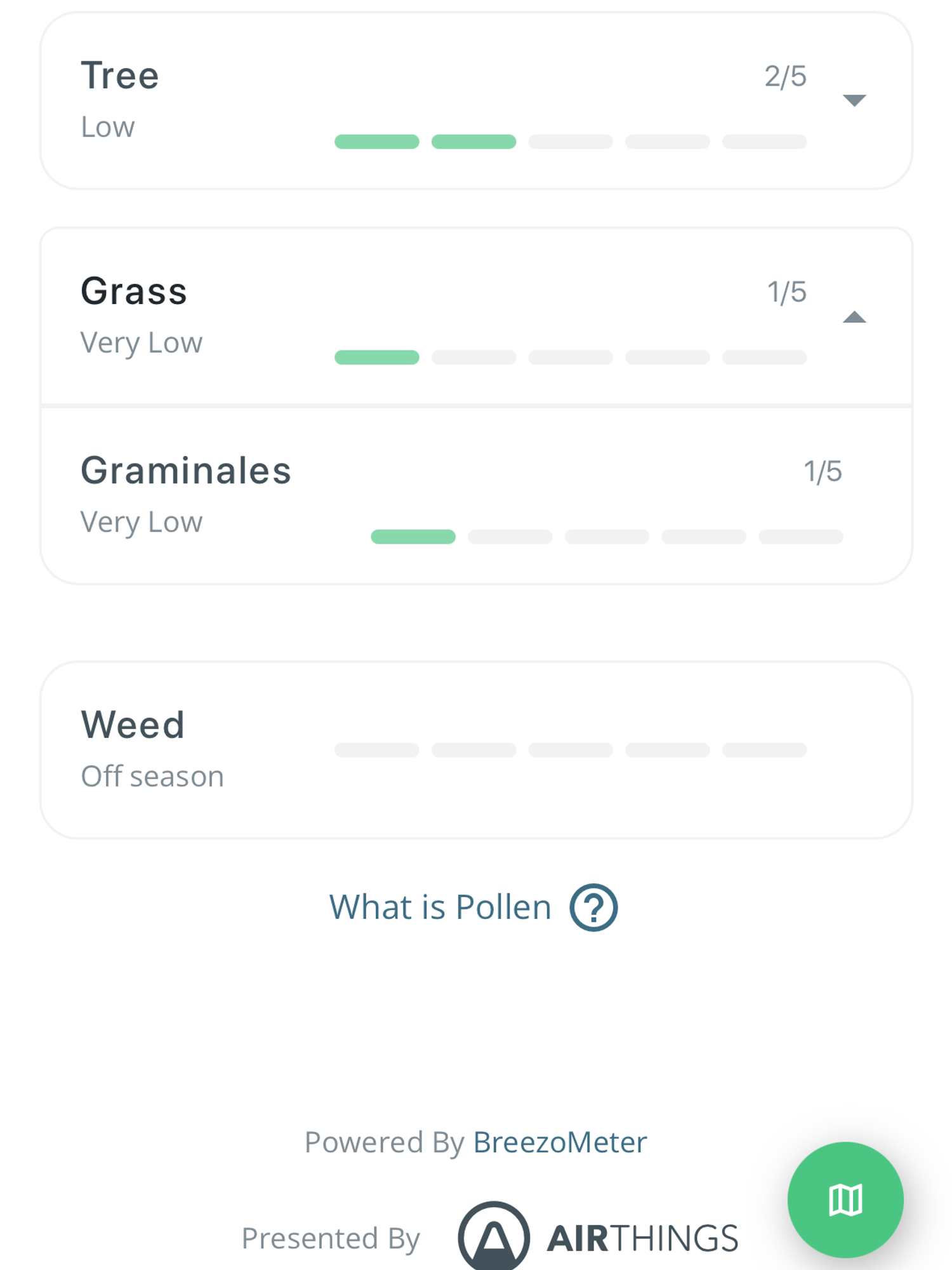 Screenshot of Pollen readings in the Airthings app