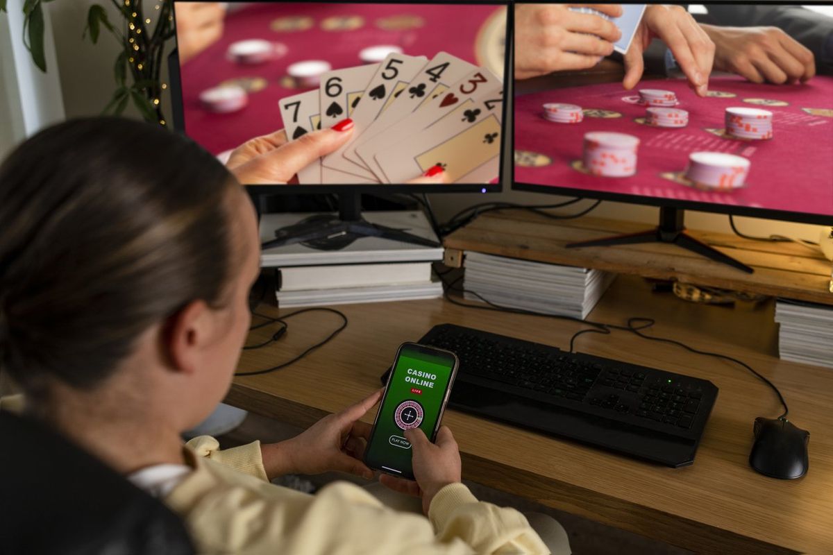 a photo of a man playing online casino games on his smartphone and desktop computer.