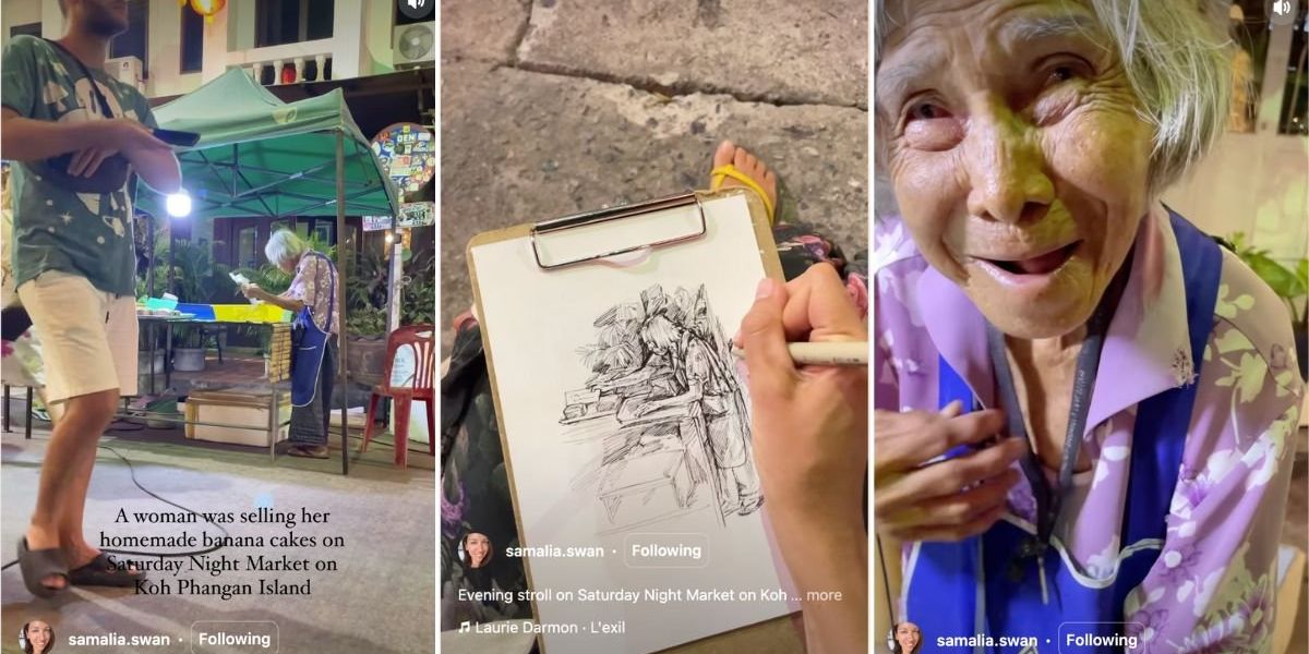 An artist quietly sketched an elderly woman selling cakes, and her reaction was so pure