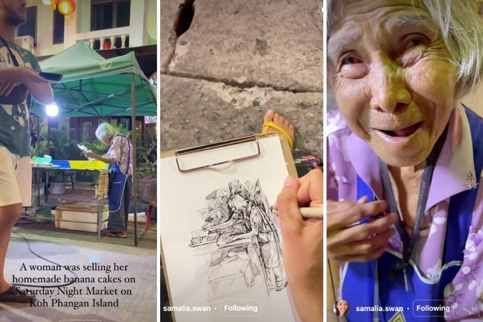 An artist quietly sketched an elderly woman selling cakes‚ and her reaction was so pure