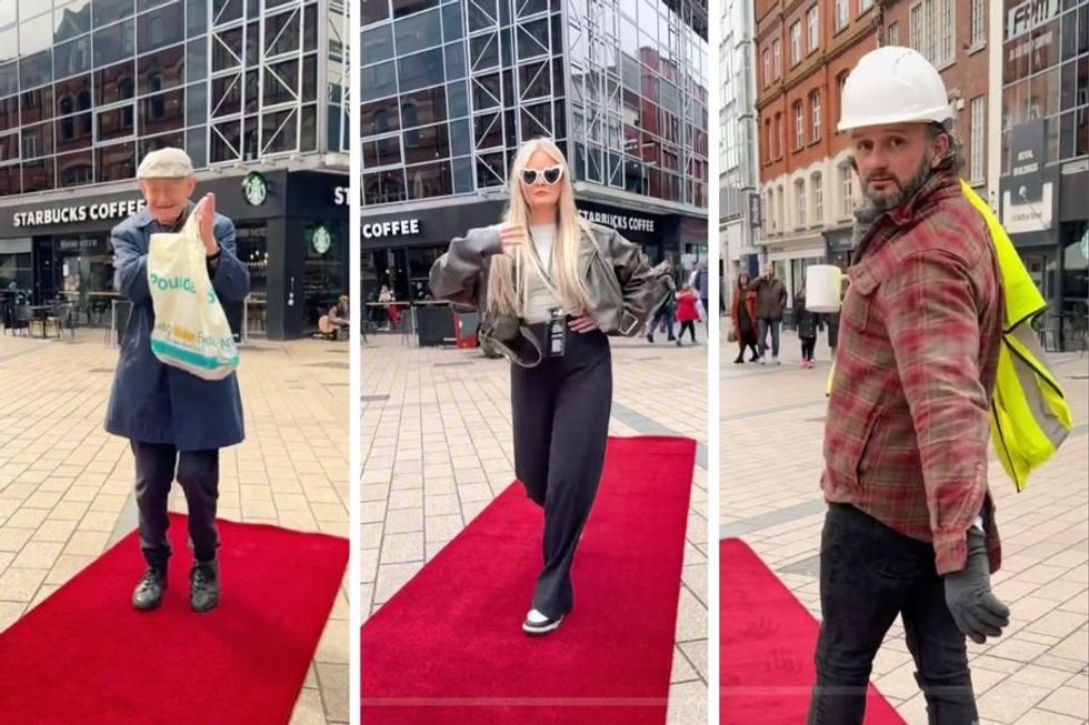 Guy literally rolls out the red carpet for strangers and their reactions are fabulous