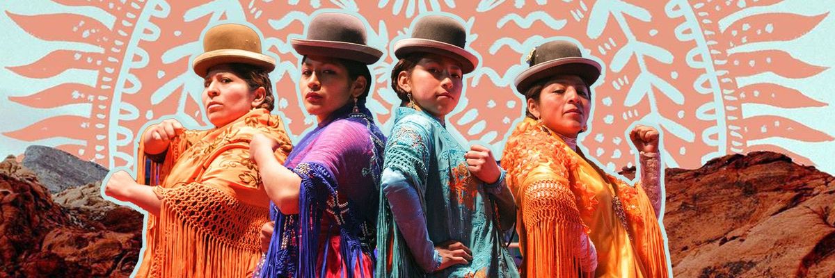 Graphic design showcasing four Bolivian cholitas in traditional attire, striking combat poses.
