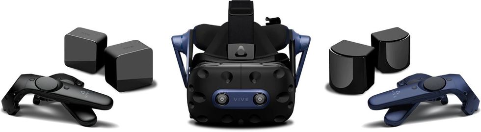 a product shot of HTC Vive Pro 2 and its controllers and speakers