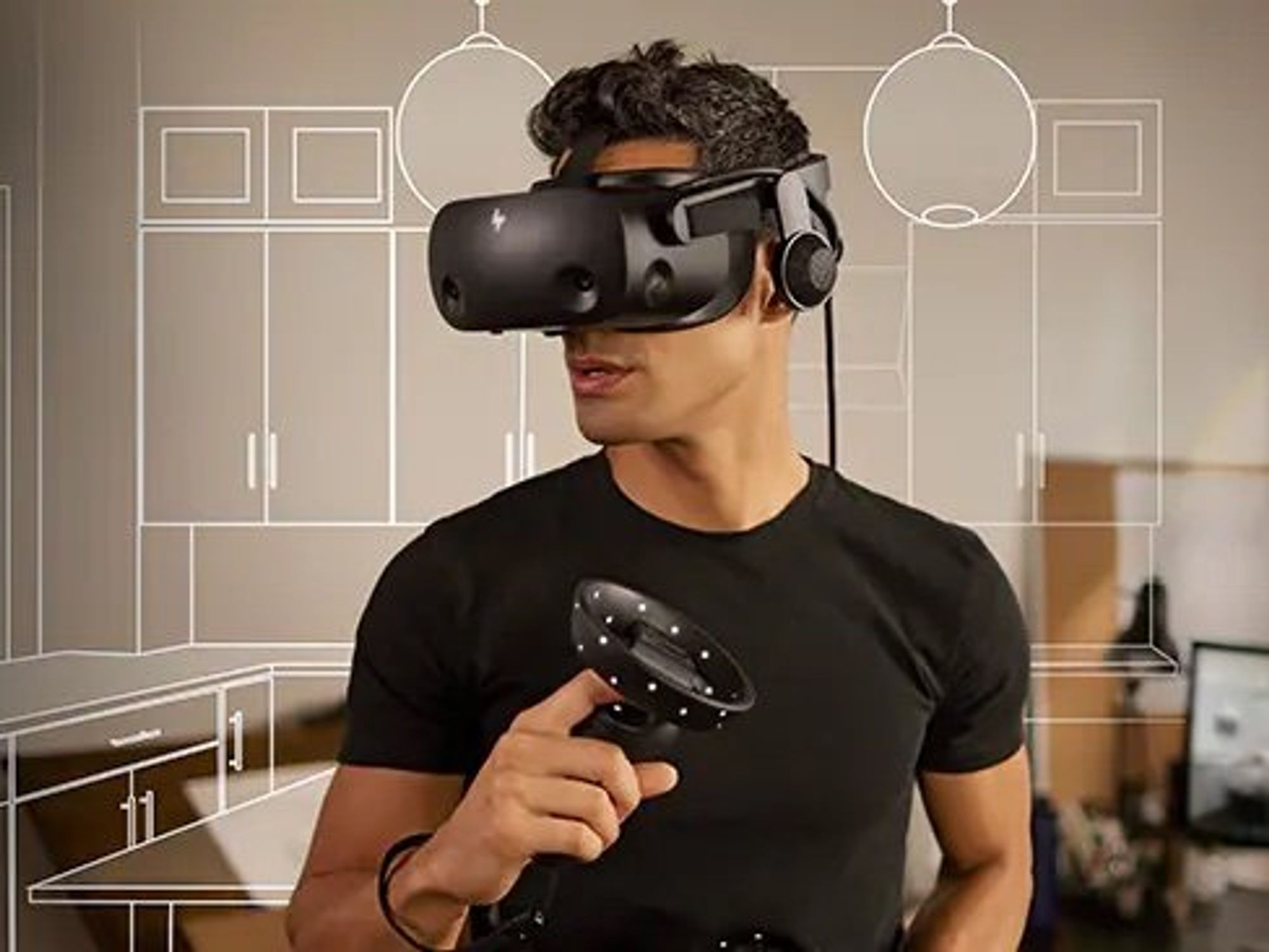 a man playing a game wearing  HP Reverb G2 vr headset and using HP reverb controllers