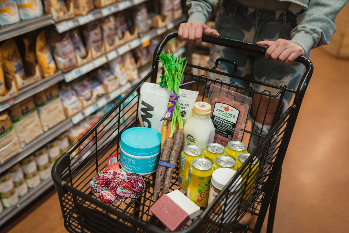 grocery cart filled with food