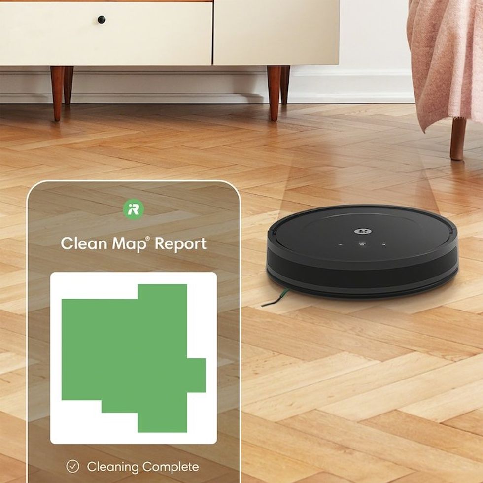 a photo of Roomba Combo Essential cleaning the room and a illustrationn of the clean map report found on your smartphone ini the iRobot app