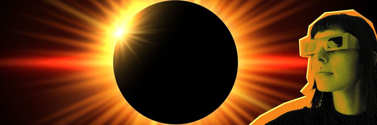 graphic design of a solar eclipse and woman in solar glasses gazes up