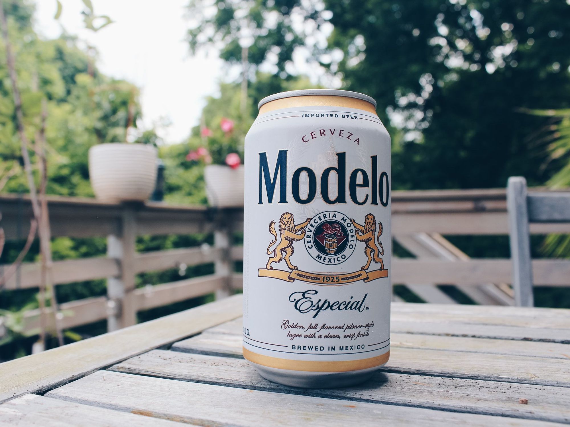 Modelo Especial Mexican beer, on a rustic wooden table in an outdoor setting