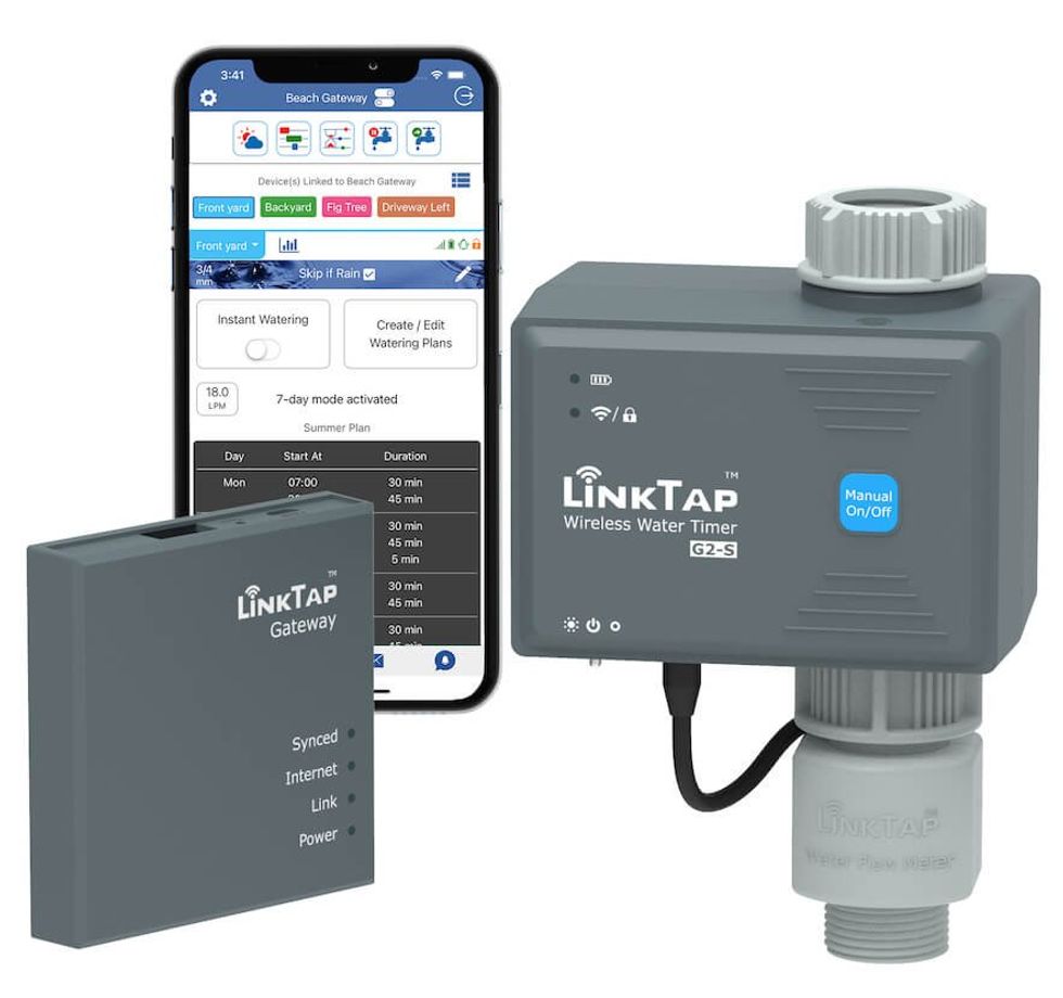 a product shot of LinkTap G2S Wireless Water Timer & Gateway & Flow Meter