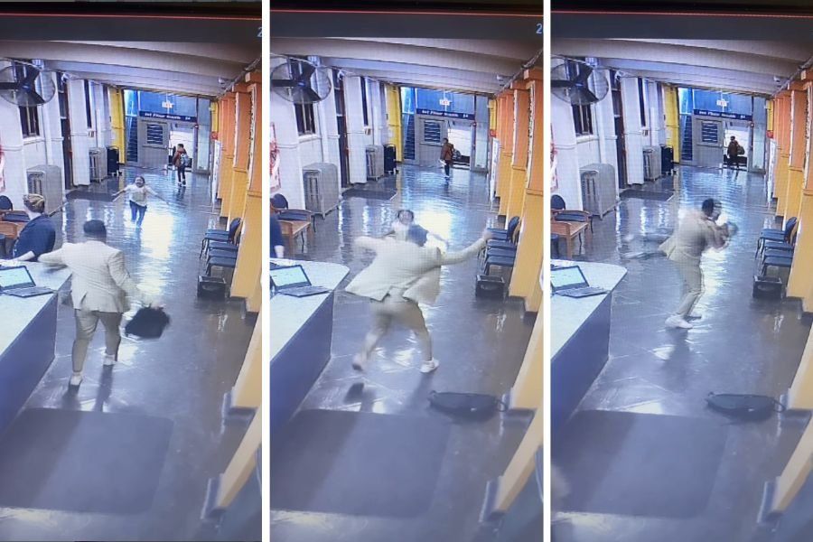 screenshots showing a man joyfully greeting a student