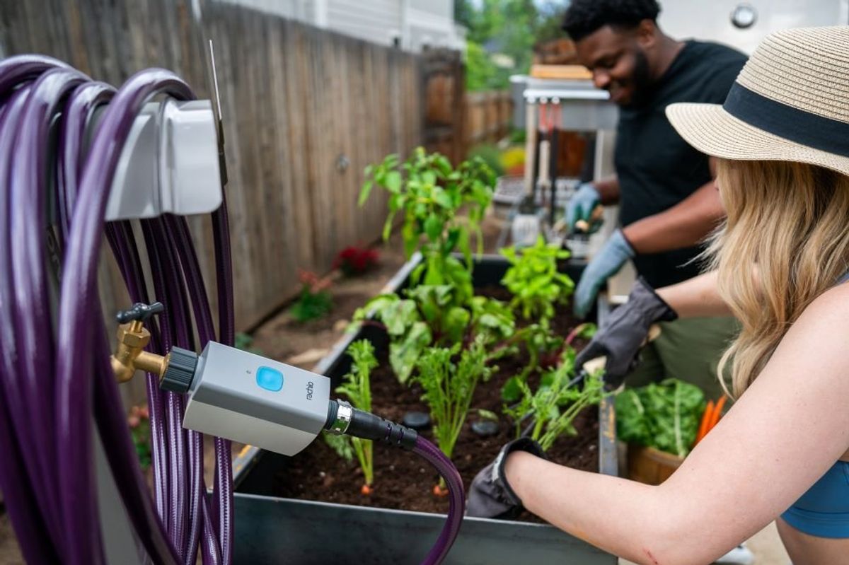 a photo of Rachio Smart Hose Timer connected to a hose and watering a outdoor garden.