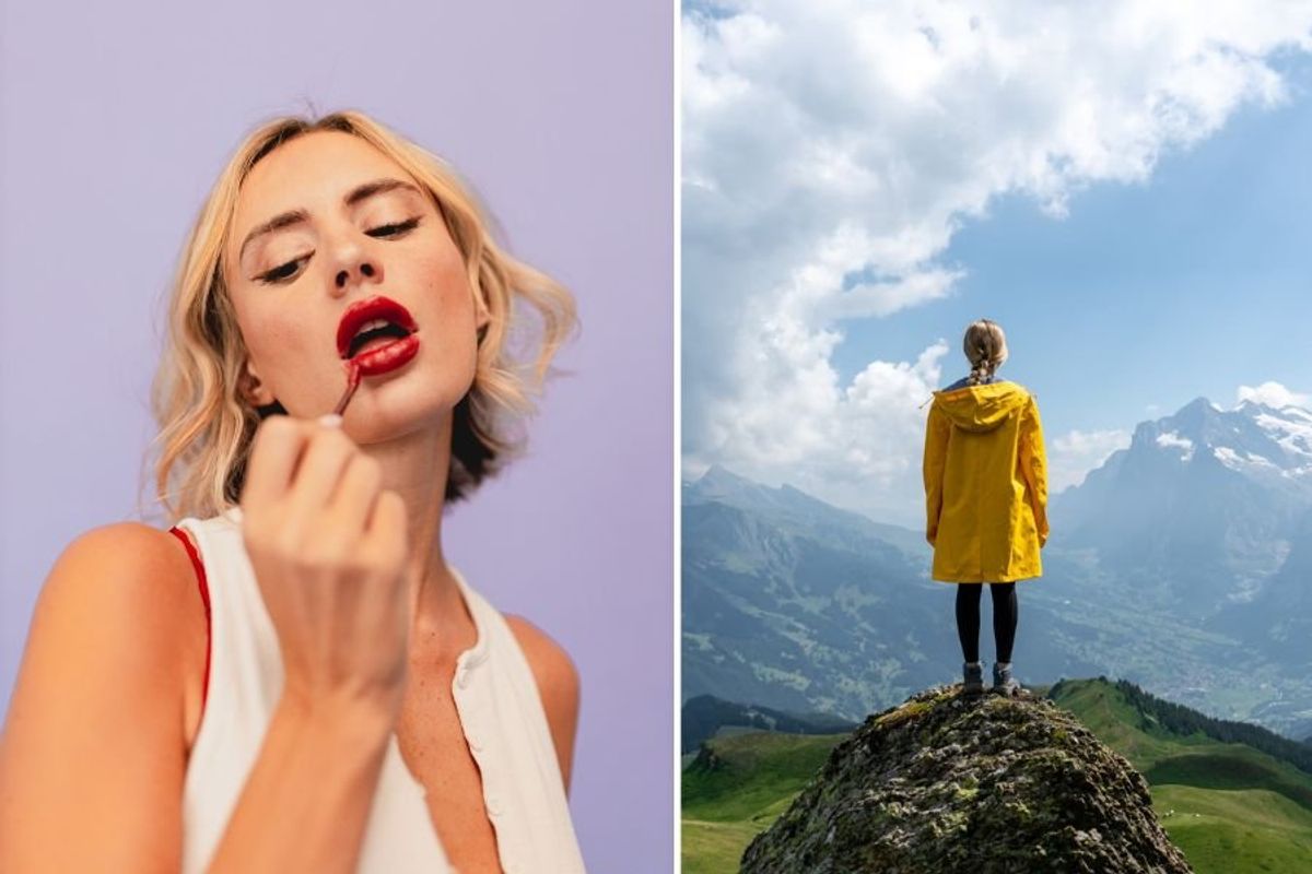 woman putting on red lipstick and a woman standing and looking out over the mountains