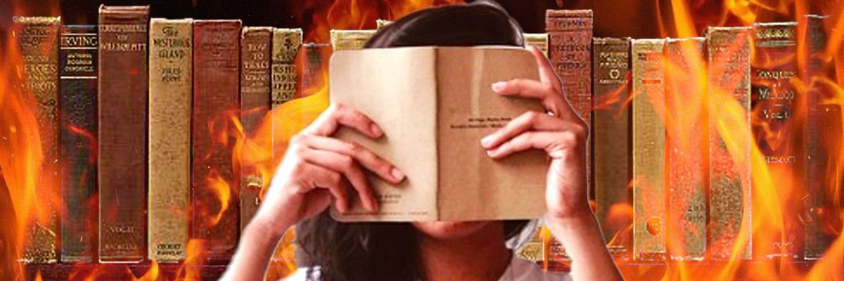 Graphic design: A woman absorbed in a book, with a burning shelf of books in the background.