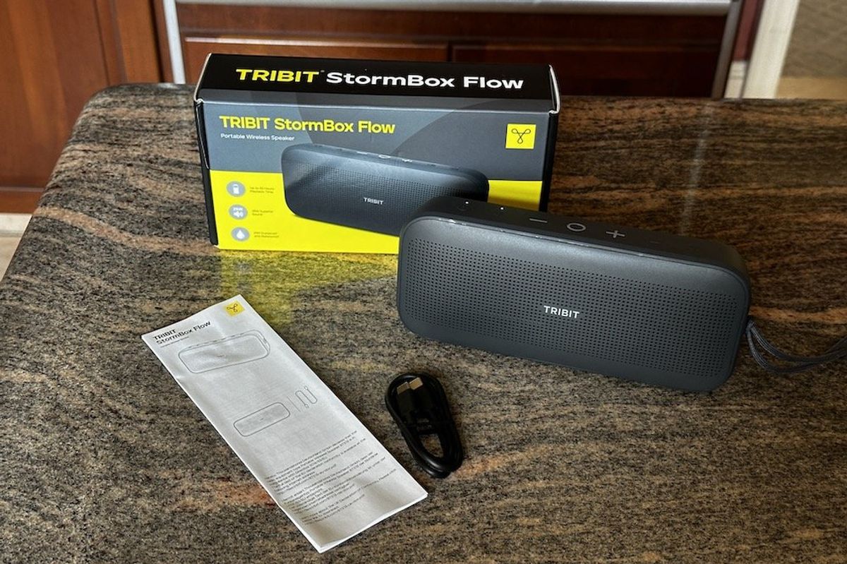 a photo of Tribit StormBox Flow Portable Wireless Speaker unboxed.