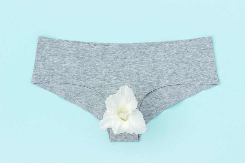 Gray-cotton-panties-with-a-white-flower-in-the-middle