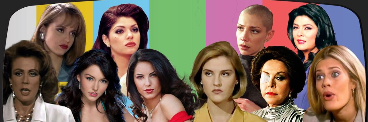 Collage-style graphic featuring 10 iconic villains from Latin American soap operas