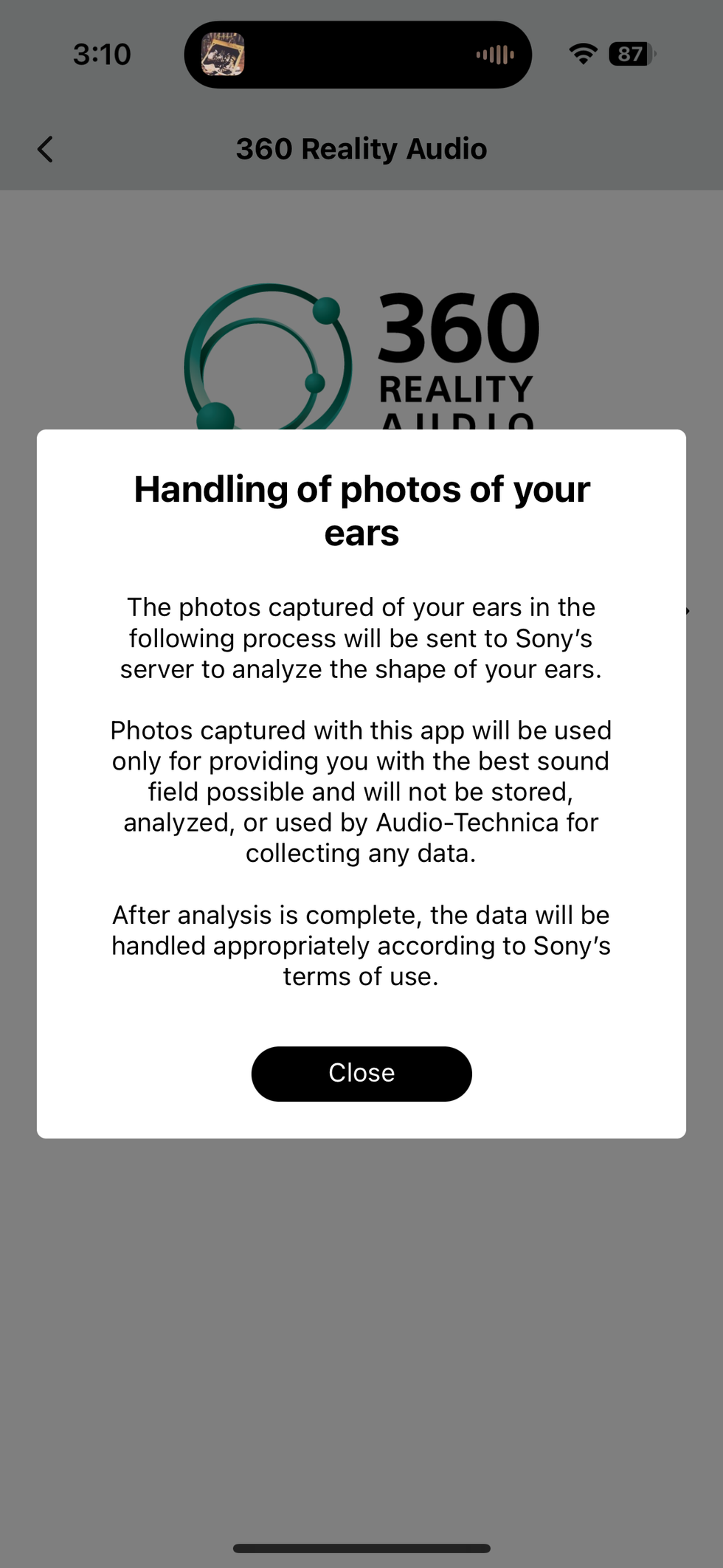 a screenshot of A-T app showing how they handle your photos
