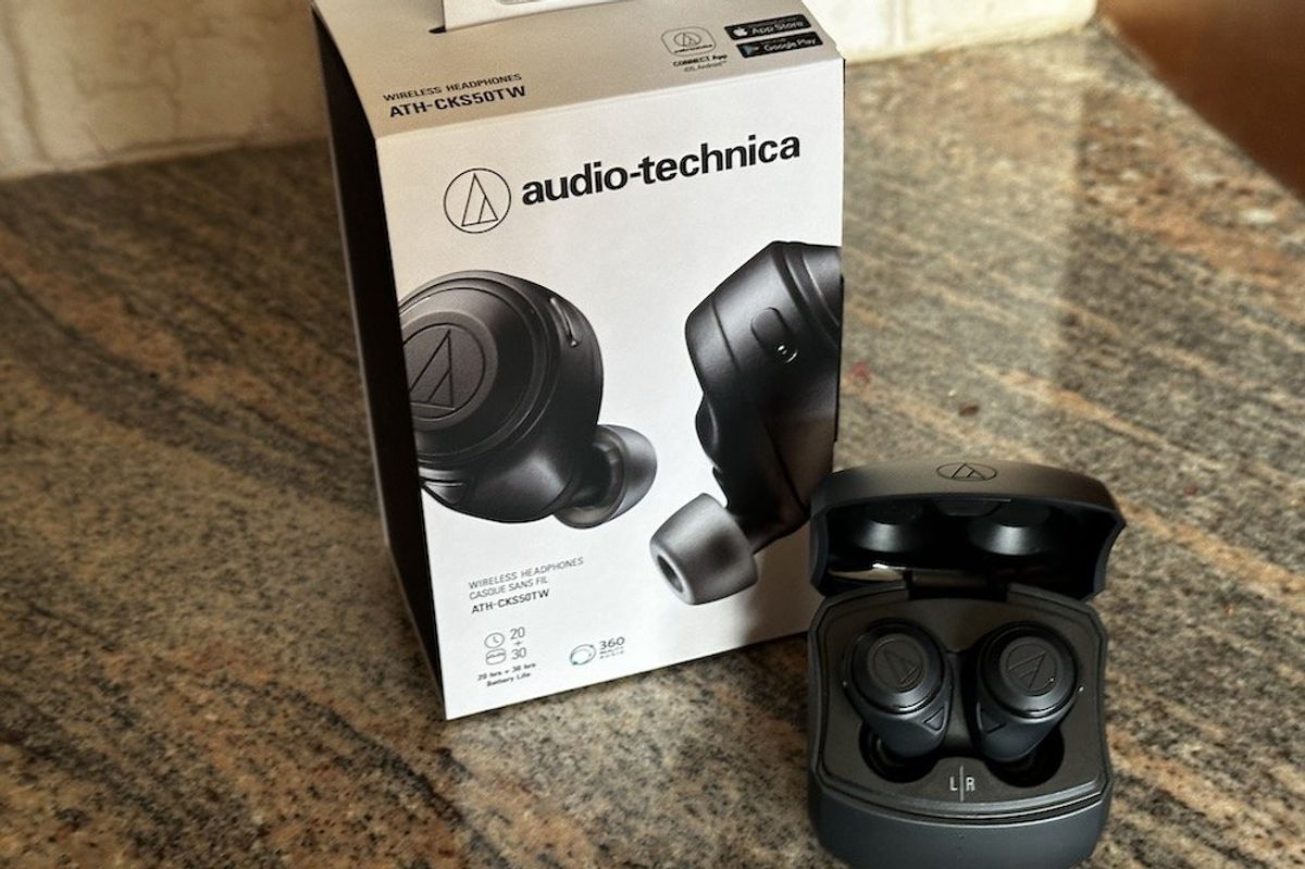 a photo of Audio-Technica ATH-CKS50TW Wireless Earbuds and box