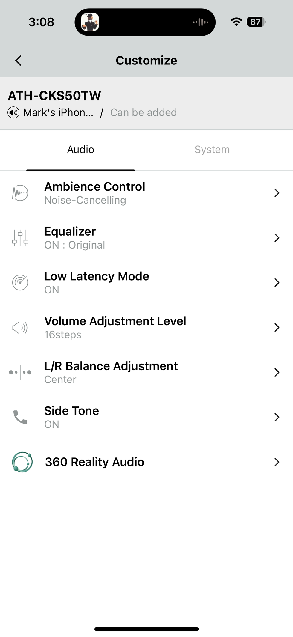 the customized screen in the A-T app for Audio-Technica ATH-CKS50TW Wireless Earbuds
