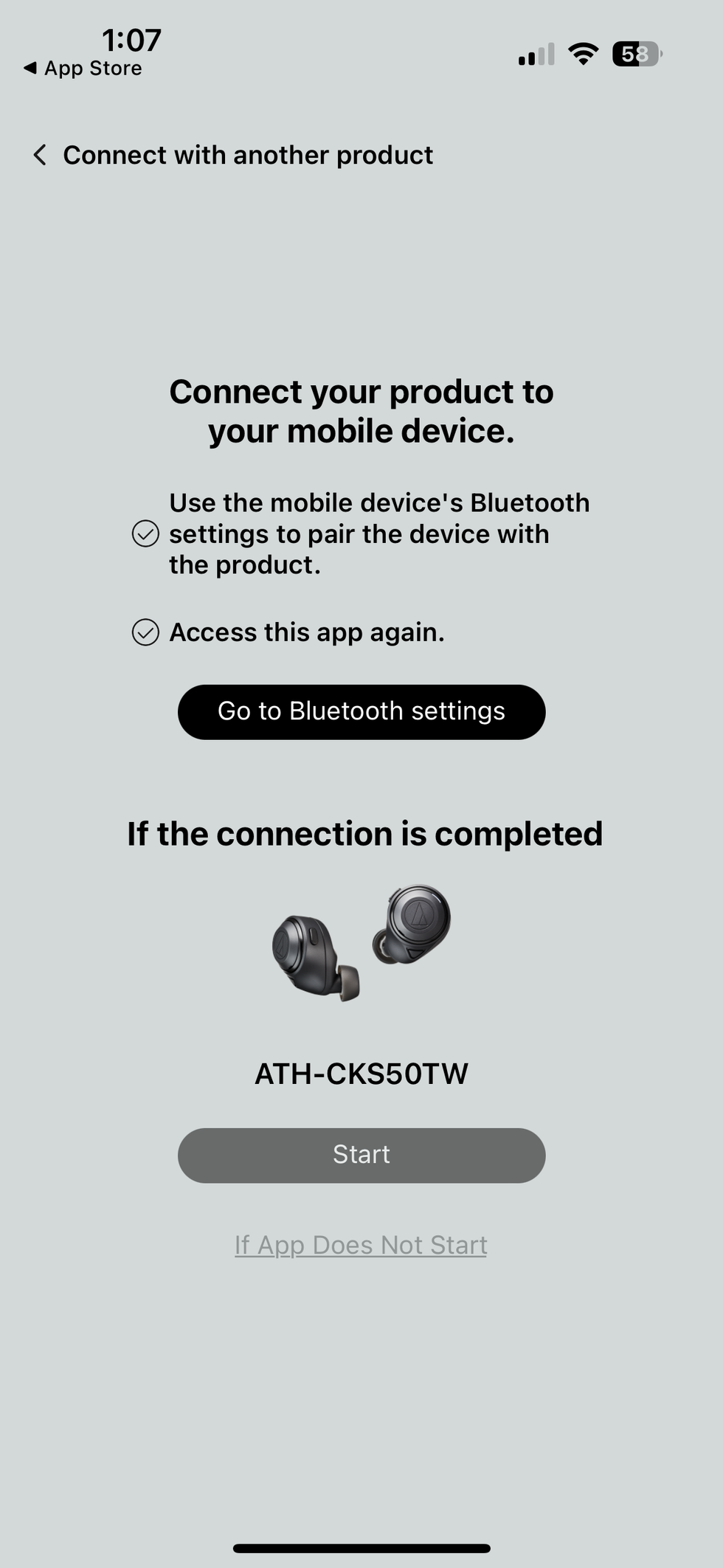 Screenshot of A-T app pairing your Audio-Technica ATH-CKS50TW Wireless Earbuds